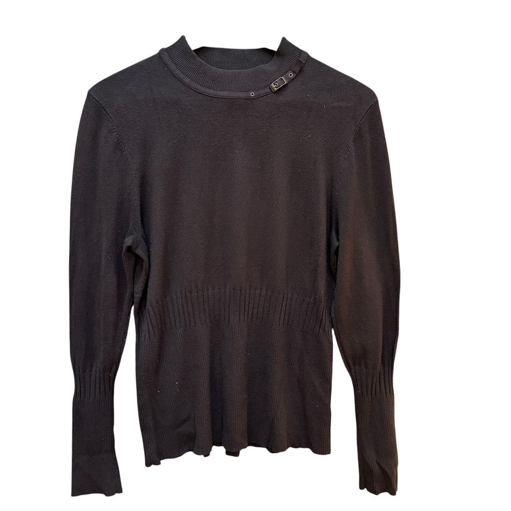 FDJ French Dressing Sweater Rich‎ Brown Buckle Neck Detail Fall Preppy Size M